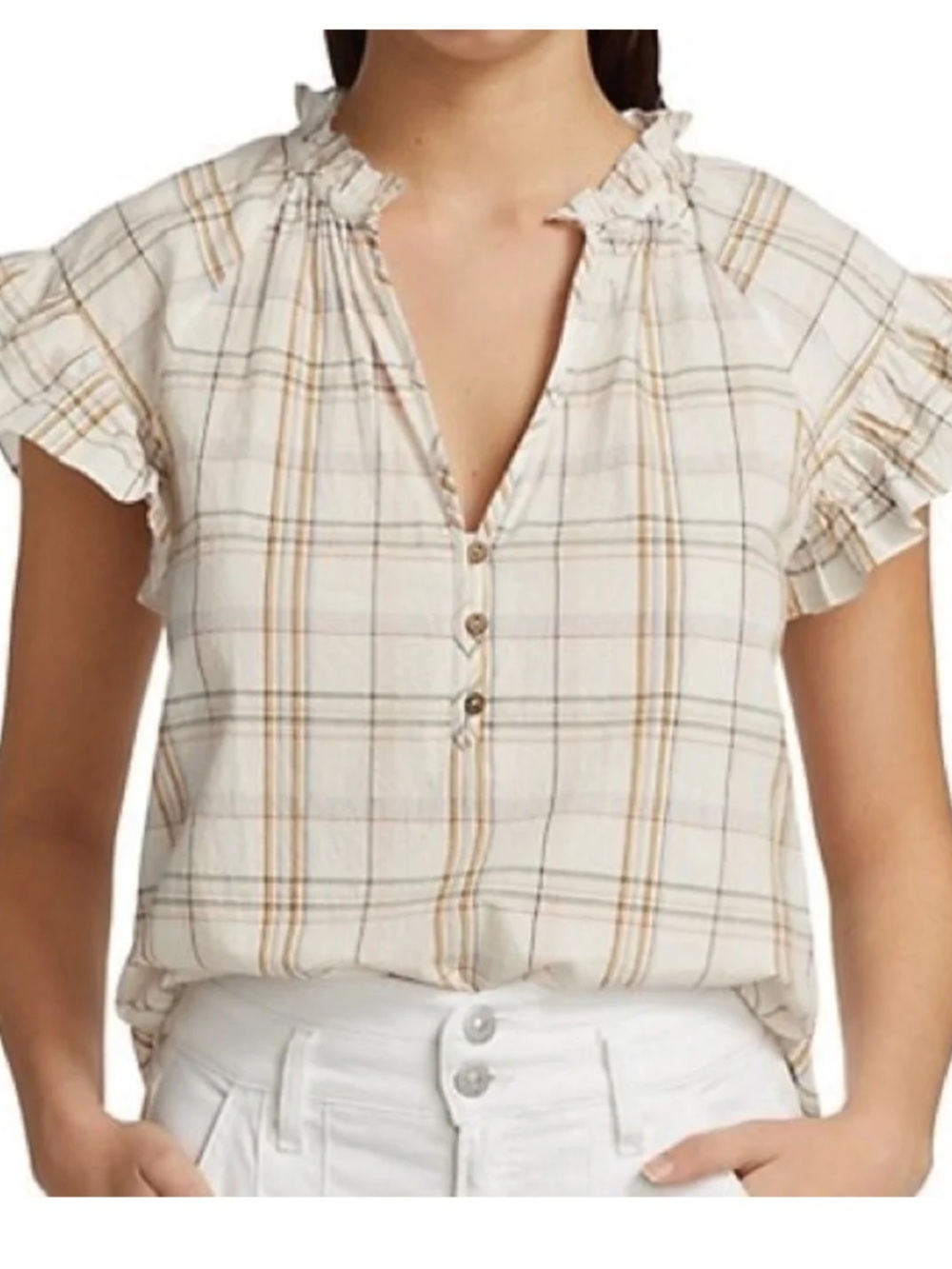 Veronica Beard Milly Ivory Plaid Short-Sleeve Ruffle Blouse